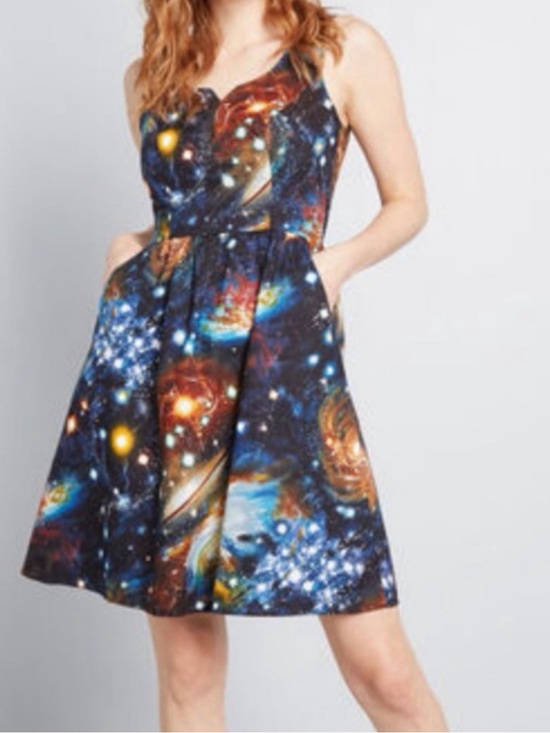 Modcloth Dresses & Skirts - ModCloth Galaxy Nebula Print Fit-and-Flare Teacher STEM Dress w/ Pockets Small